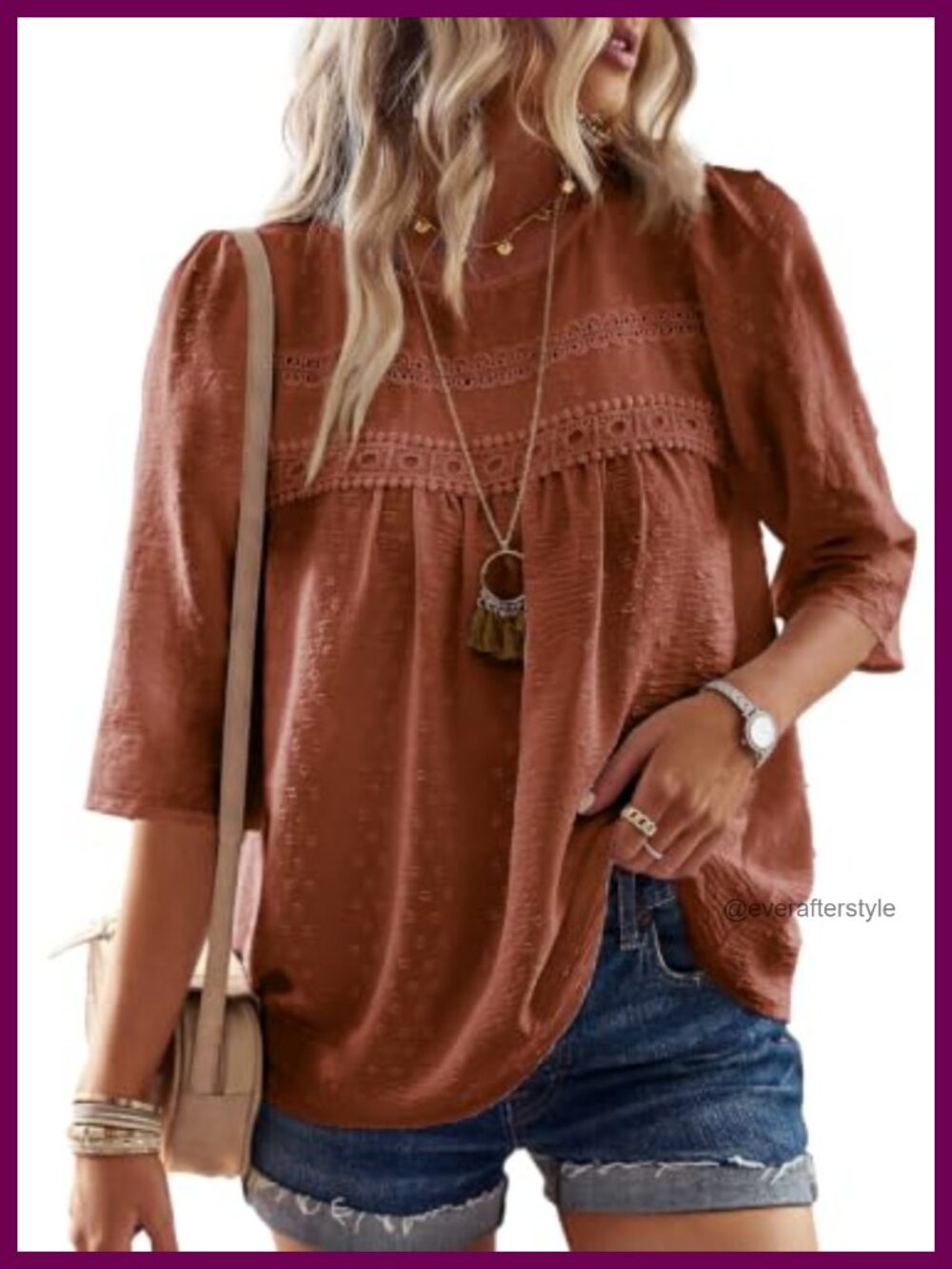 Womens Boho Crochet Lace 3/4 Sleeve Blouse Crew Neck Loose Fit Top